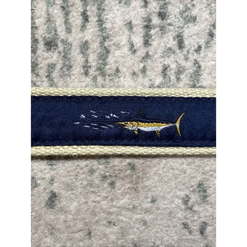 Guy Harvey Men's Woven Canvas & Leather Fish Belt Navy Size 44 Solid Brass